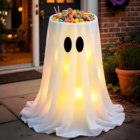 geerera Halloween Light Up Candy Bowl, 30 Inch Ghost Fabric Treat Holder with Warm LED and Remote, Floor Standing Halloween Party Decoration, for Indoor Home Porch Party Supplies