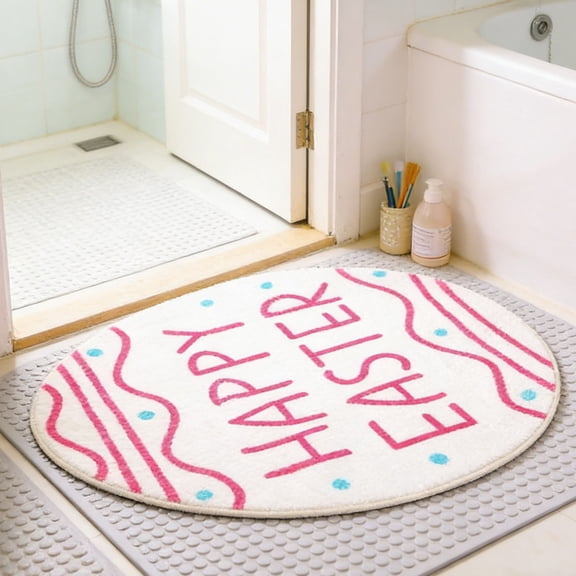 geerera Happy Easter Egg Shaped Bath Mat - 16"X24" Absorbent Non-Slip Plush Rug for Bathroom, Shower & Spring Decor