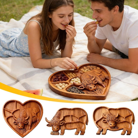 geerera Highland Cow Shaped Charcuterie Board, Wooden Serving Tray, Cheese Platter with Compartments, for Cheese, Meat, Fruits, Rustic Style for Entertaining, Kitchen Decor, Housewarming Gift