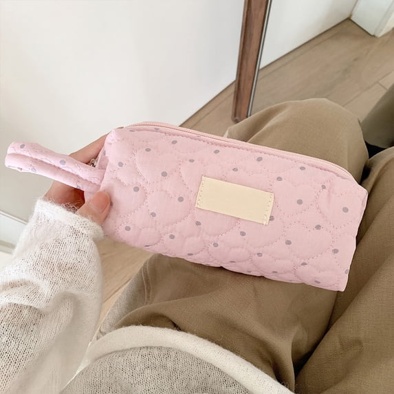 geerera Large Capacity Pencil Case, Makeup Brush Bag, Quilted Heart Pattern Pen Organizer with Polka Dot Print & Side Handle, Zipper Pouch for Markers & Office Supplies, 7.2x3.35x2.56 Inch