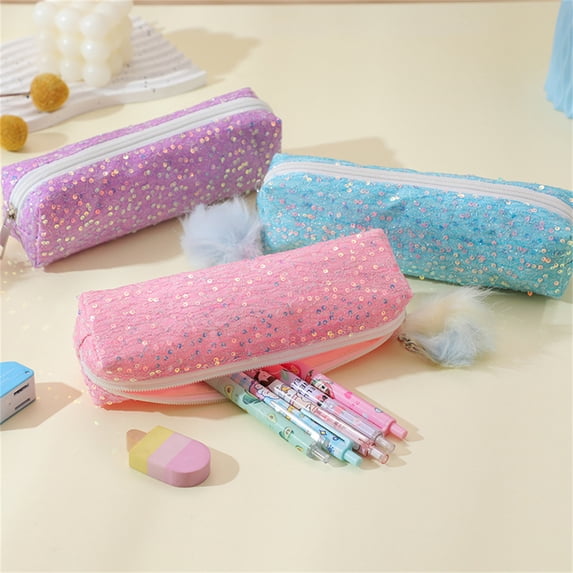 geerera Large Capacity Pencil Case Sequin Surface Zipper Pouch Pen Organizer with Fluffy Zipper Pull, 7.9 x 2 x 2 Inches