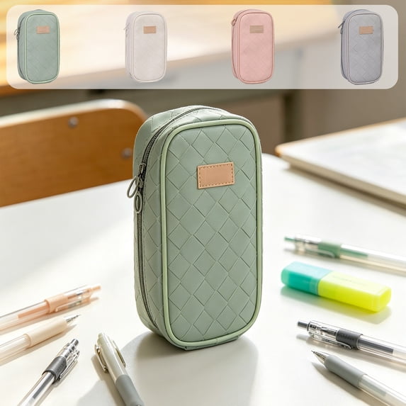 geerera Large Capacity Pencil Case, Woven Pattern Pen Organizer with Standing Design, PU Zipper Pouch for Markers, Office & Cosmetic Supplies, 8.27x4.33x2.36 Inch