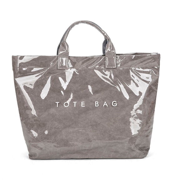 geerera Large PVC Tote Bag for Women, Letter Print Plastic Hobo Bag, Kraft Paper Style Work Handbag and Purse, Waterproof Shopper, Summer Tote