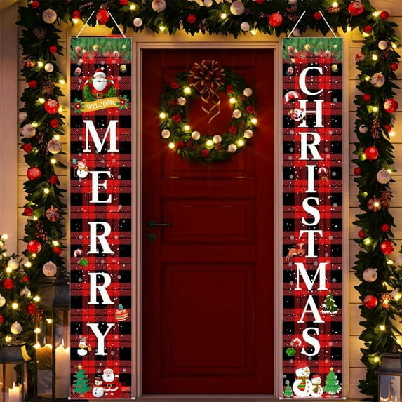 geerera Merry Christmas Banner, Xmas Porch Door Sign Welcome Banner, Xmas Decor for Home Outside Inside Yard Garage Front Door Wall