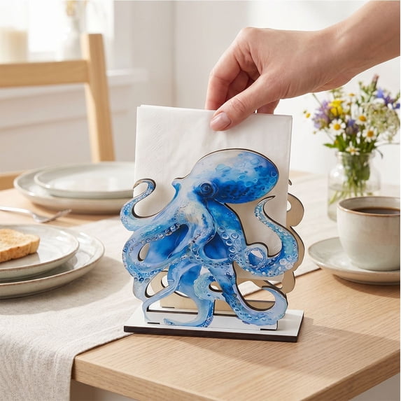 geerera Octopus Wooden Napkin Holder, Coastal Nautical Freestanding Tissue Stand, Decorative Table Organizer for Kitchen, Dining Room, Beach House