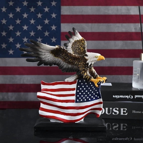 geerera Patriotic American Bald Eagle Statue with US Flag - 9" Resin Figurine for Home & Office Decor