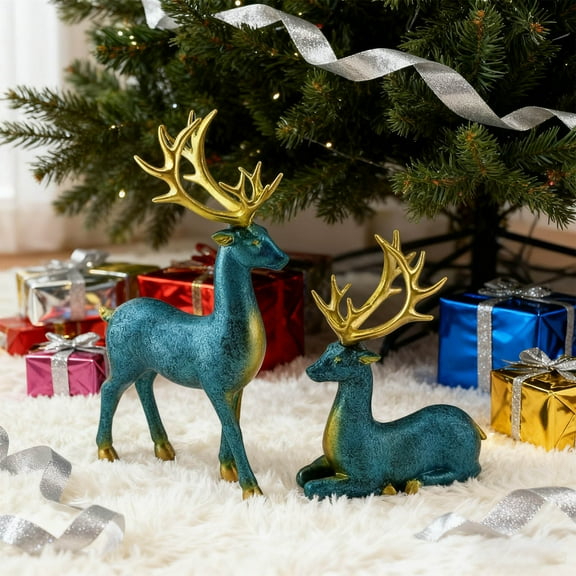 geerera Reindeer Figurine Set, Hand-Painted Deer Statue Sculptures, Simple Scandinavian Style Tabletop Decor for Mantel, Shelf Display, Home Decor