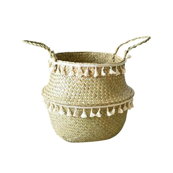 geerera Seagrass Plant Basket with Tassel and Handles, Wicker Woven Storage Basket for Storage, Decoration, Laundry, Picnic,Groceries and Toy Storage