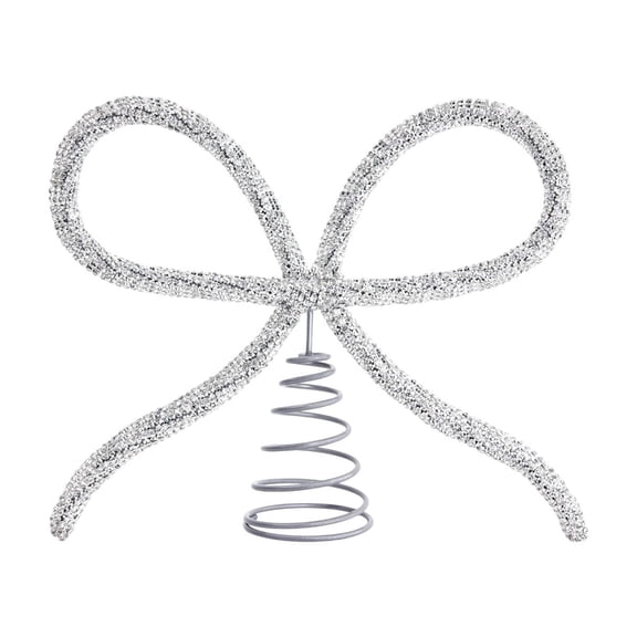 geerera Silver Glass Rhinestone Bow Tree Topper, Rustic Xmas Holiday Tree Top Decoration for Indoor Outdoor Home Room Party, 8"x10"