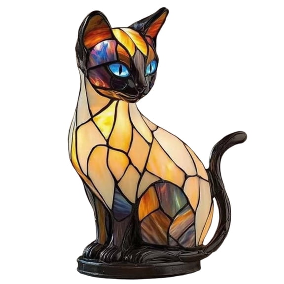 geerera Stained Glass Cat Table Lamp, Resin Feline Shaped Decorative Lamp, Hand Stained Colorful Night Light, Bedroom Decor, Living Room Accent, Gift for Cat Lover