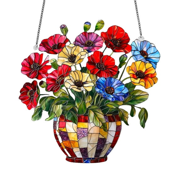 geerera Stained Glass Suncatcher Window Hanging, Colorful Flower Window Wall Decor with Chain, Birthday Gifts for Mom Grandma Wife, 8x8 inch