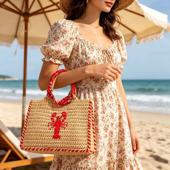 geerera Straw Beach Purse Natural Woven Small Tote Bag with Lobster Embroidery, Summer Raffia Shoulder Bag for Vacation Bohemian Style