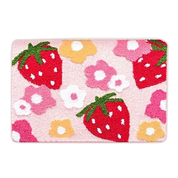 geerera Strawberry Patterned Cute Absorbent Bath Mat with Rubber Backing, Non-Slip and Machine Washable, for Shower Room and Bathtub Side, 16x24 Inches