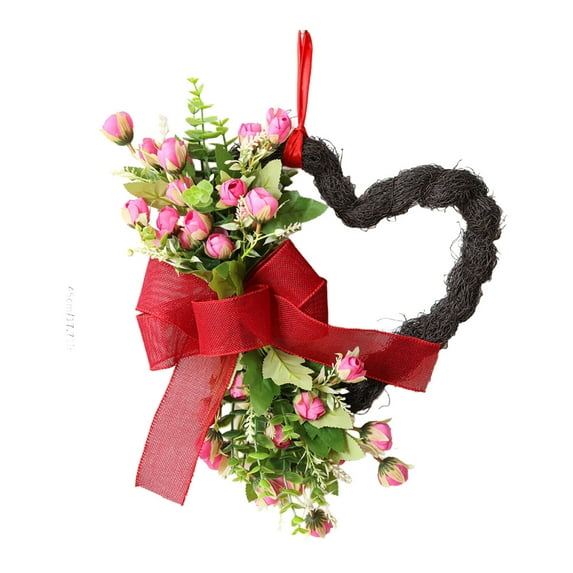 geerera Valentine's Day Bow Wreath, 18-Inch Heart Shaped Wreath with Faux Rose, Decorative Door Hanging for Porch, Entryway, Holiday Welcome