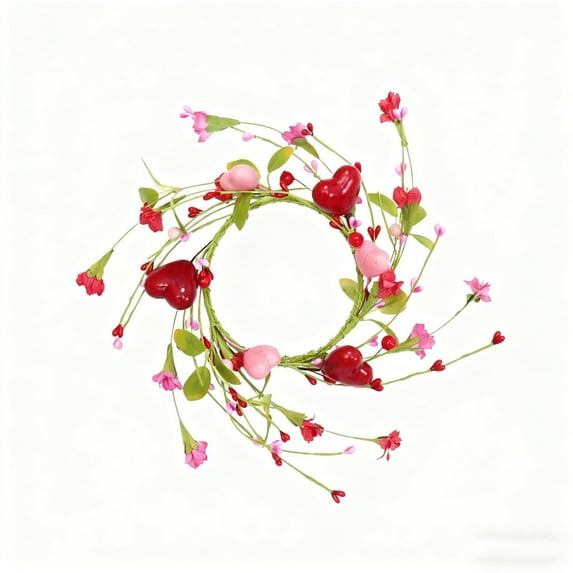 geerera Valentine's Day Candle Ring Wreath, Pink Red Heart Berry & Faux Forsythia Candle Holder, Mini Wreath for Dining Table, Cabinet Decor, Holiday Accent