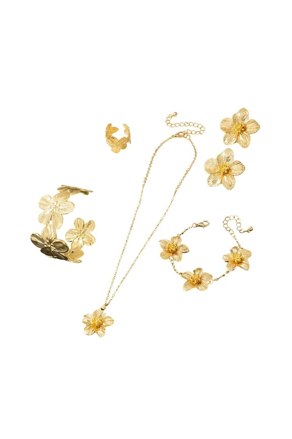 Vintage Gold Flower Pendant Necklace Bracelet Ring Earrings 5 Pcs High Feeling Jewelry Set Jewelry Dress Up Wearables