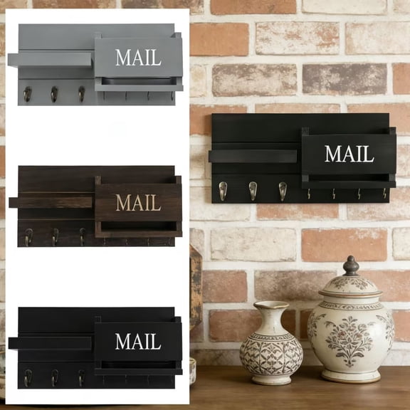 geerera Wall Mounted Mail Organizer with Key Hooks, Wooden Entryway Mail Holder with 7 Hanging Hooks and Shelf, Rustic Storage Rack for Hallway, for Home Decor Supplies