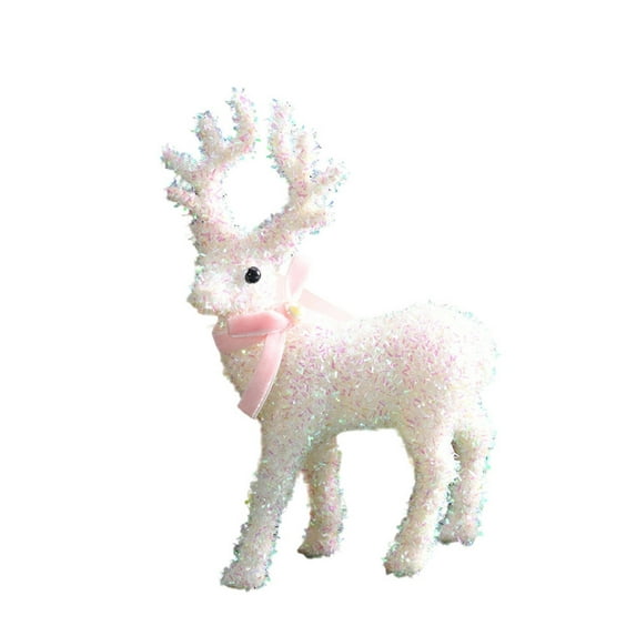 geerera White Flocked Christmas Reindeer Figurine, Elk Decor with Pink Bow Scarf, for Home Decor, Christmas Party Decoration, Winter Tabletop Display