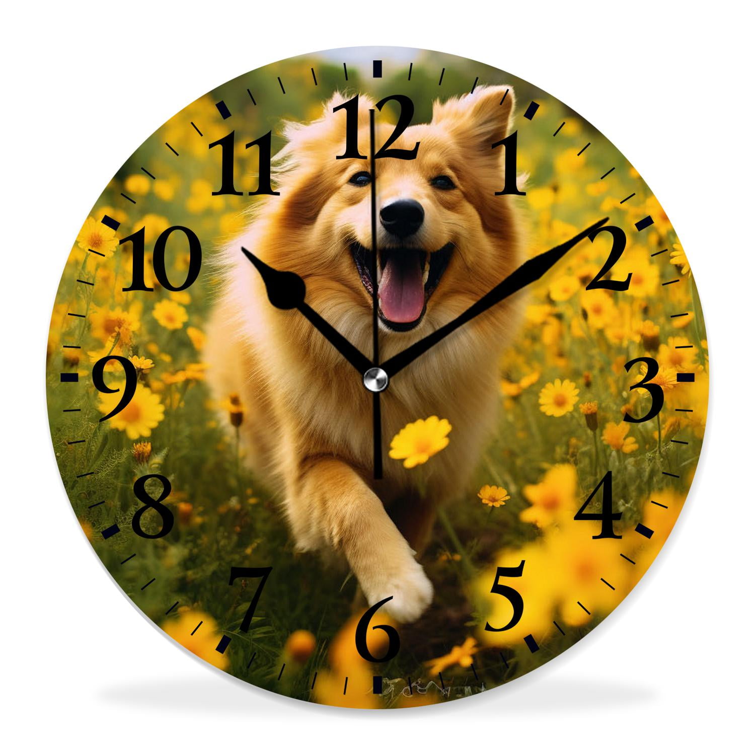 generic 14 inch Round Wall Clock,Shiba inu Flower Fields Picture,Silent
