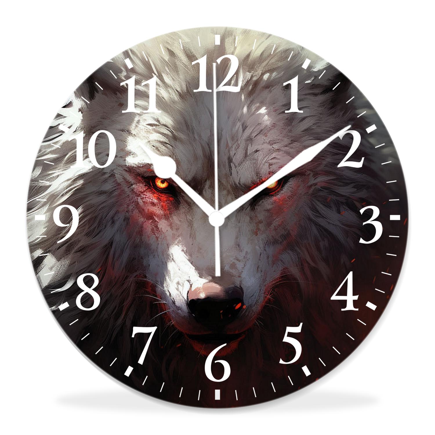 generic 14 inch Round Wall Clock,Wolf Face Scar Animal Print Creative,Silent Non Ticking Wall