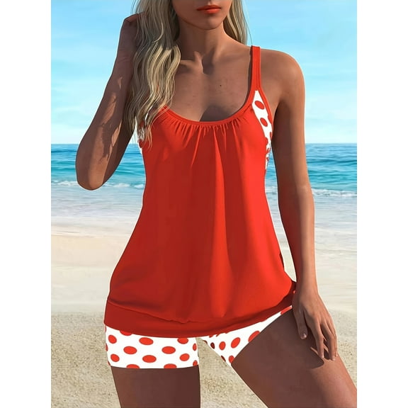 generic Blouson Tankini Swimsuits for Women Fashion Printed Two Piece Bathing Suits with Shorts Summer Beachwear Red S