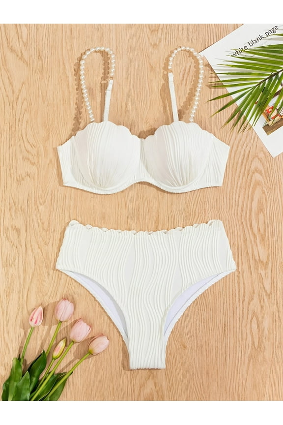 High Waisted Bikini Sets for Women Summer Solid Color 2 Piece Underwire Swimsuits Tummy Control Bathing Suit White L