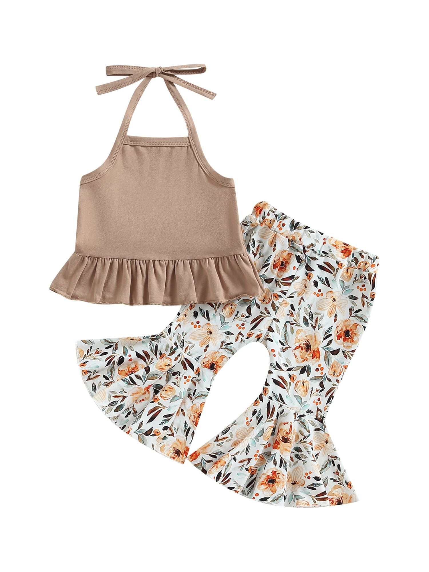 generic Newborn Toddler Baby Girls Summer Clothes Set 0 6 12 18 24 Months Knit Halter Romper Leopard/Sunflower Bell Bottoms Pant Summer Outfit