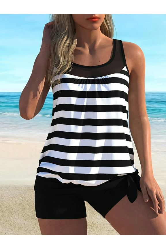 Plus Size 2 Piece Tankinis Swim Suits for Women Fashion Striped Tops High Waisted Bathing Suits with Boyshorts Black 4XL