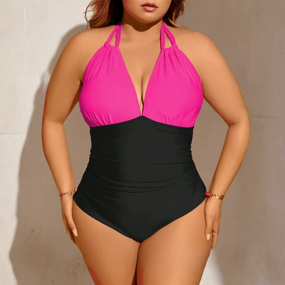 generic Plus Size Bathing Suit for Women Sexy V Neck One Piece Swimsuit Tummy Control Halter Tops for Women Swimwear