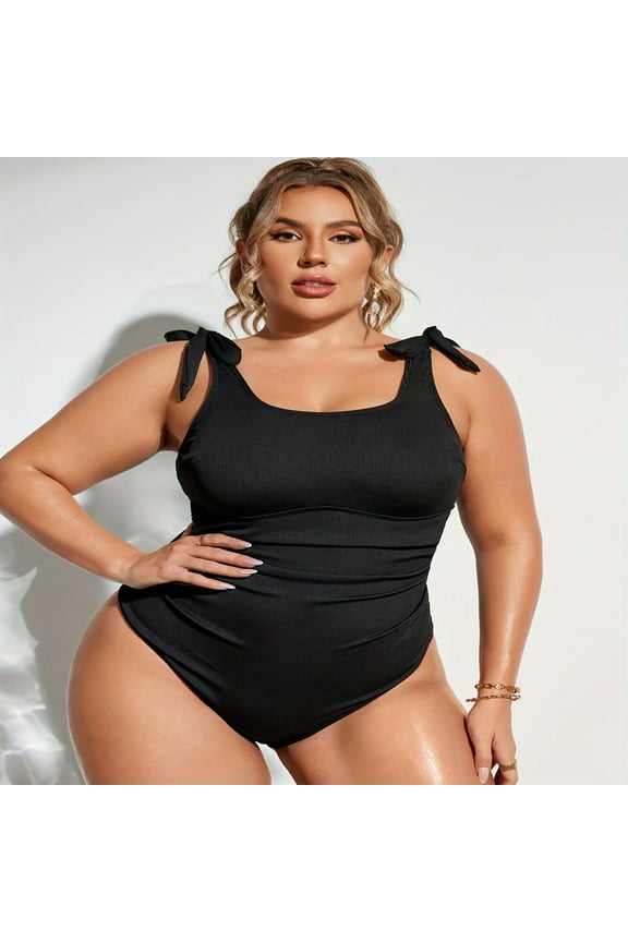 Plus Size One Piece Swimsuit for Women Tummy Control Tie Shoulder Swimwear Ruched Bathing Suits Black 2XL