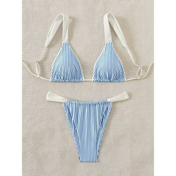 generic Triangle Bikini for Women 2 Piece Striped Bikini Sets Sexy High Cut Bathing Suit Summer Textured Swimsuits Blue M