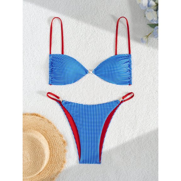 generic Women's Bikini Sets Tie Back Polka Dot Print Two Piece Swimsuits Triangle Thong Bathing Suit Blue M