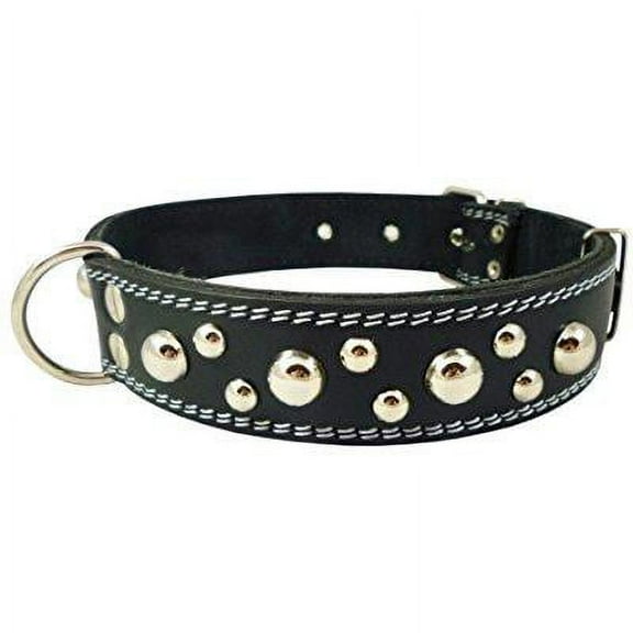genuine 1.6 wide thick leather studded dog collar black. fits 19-23 neck, rottweiler, pit bull.