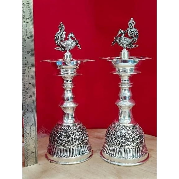 german silver 10" peacock diya pair for housewarming/ pooja/ festival