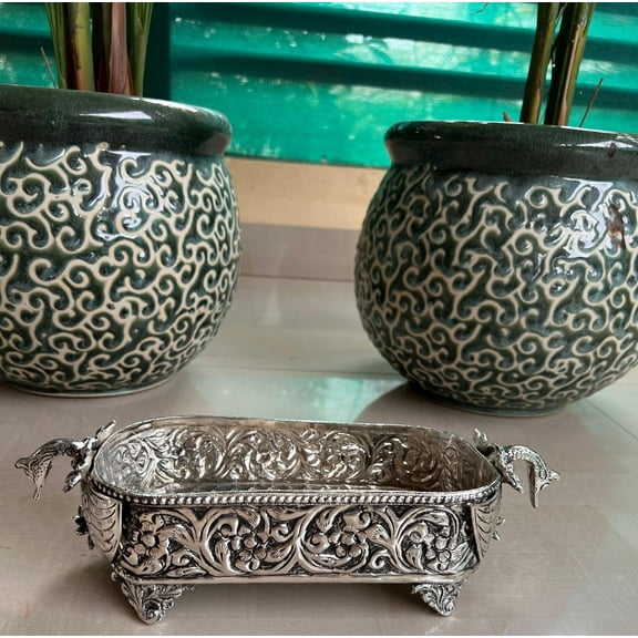 german silver Floral Double swan long stylish tray for home dcor/ gift item/ snacks/ serving