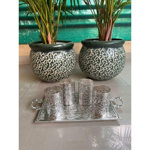 german silver Tray with handle and 4 glass set for home / party/ gift item