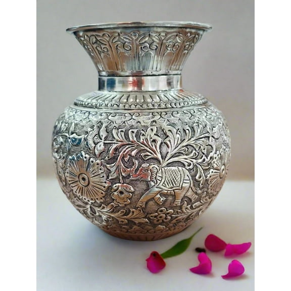 german silver fully carved elephant kalash 7" big size for housewarming pooja/ home dcor/ gift item