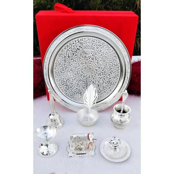 german silver fully craved pooja thali set of 9 pieces for housewarming/ diwali pooja