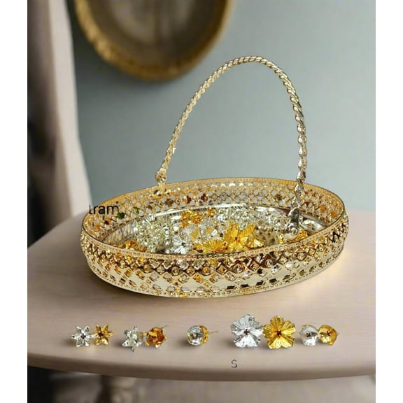 german silver golden tray with handle with mix 110 flowers for diwali pooja/ housewarming pooja