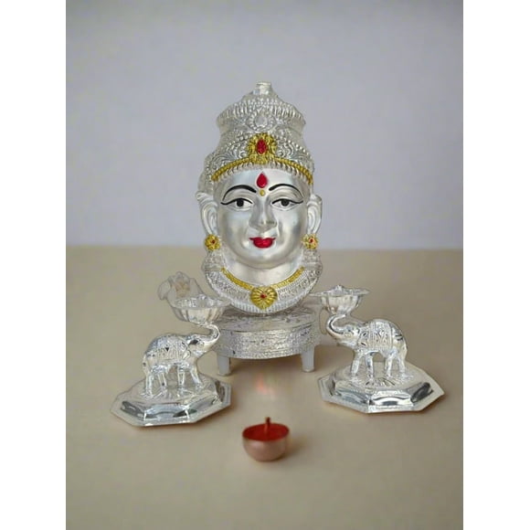 german silver lakshmi face with chowki stool and 2 elephant diya for vara lakshmi pooja/ diwali