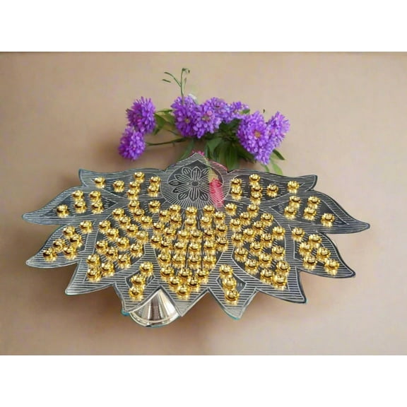 german silver lotus shape flower stand with 108 golden flowers for housewarming pooja/ diwali