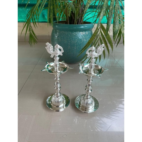 german silver peacock diya set 12" pair for housewarming pooja/ diwali