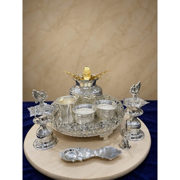 german silver pooja thali set  11 Piece Matt Finish Ensemble for Housewarming, Festive Rituals & Spiritual Dcor