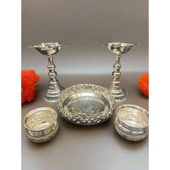 german silver pooja thali set 5 pieces for housewarming pooja/ diwali festival