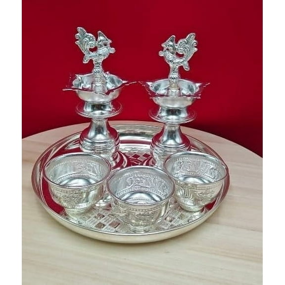 german silver pooja thali set of 6 pieces for housewarming pooja/ diwali pooja/ rakhi