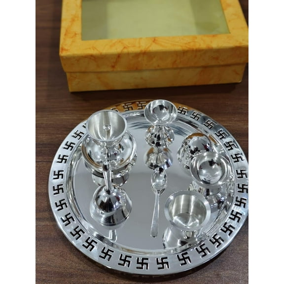 german silver pooja thali set of 8 pieces for home pooja/ diwali/ housewarming