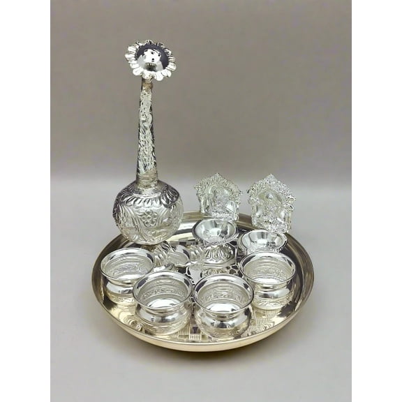 german silver pooja thali set/ welcoming set of 8 pieces for housewarming pooja/ diwali/ guest welcome/ gift item