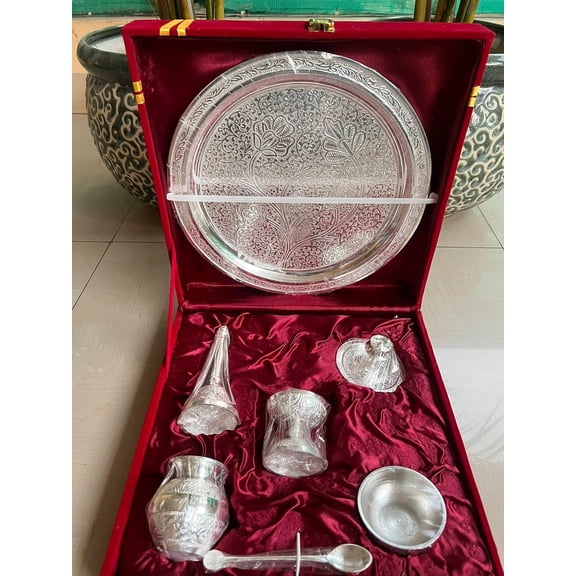 german silver pooja thali set with toppers in velvet gift box for housewarming/ pooja/ festival