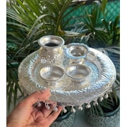 german silver pooja thali with ghunghroo in gift box for housewarming/ festival/gift item
