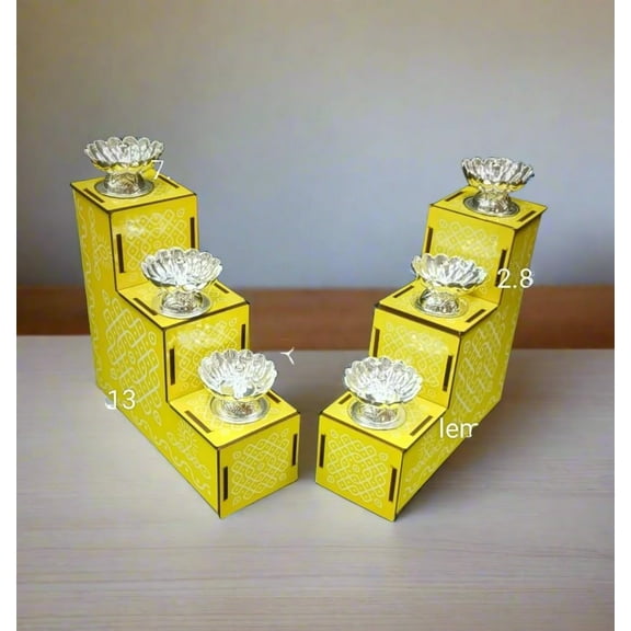 german silver set of 6 diya with hand painted mdf detachable steps/ stairs for housewarming/ diwali/ gift item, yellow